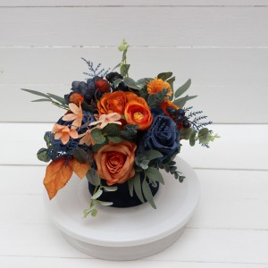 Navy blue orange centerpiece. Table decor. Wedding flowers in box. 5138