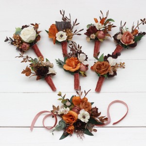  Wedding boutonnieres and wrist corsage  in terracotta cinnamon rust ivory color scheme. Flower accessories.5139