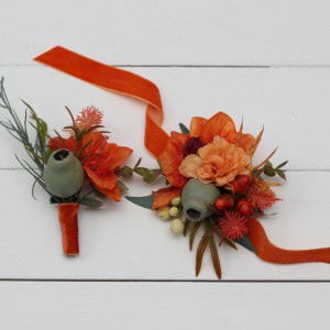  Wedding boutonnieres and wrist corsage  in rust burgundy color scheme. Flower accessories. 5161