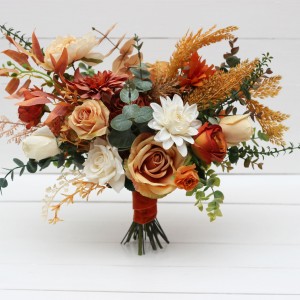 Wedding bouquets in rust orange cream colors. Bridal bouquet. Faux bouquet. Bridesmaid bouquet. 5178