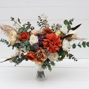 Wedding bouquets in rust orange cream colors. Bridal bouquet. Faux bouquet. Bridesmaid bouquet. 5179