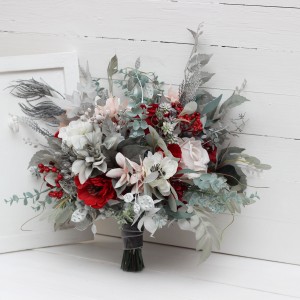 Wedding bouquets in red blush pink white silver gray colors. Bridal bouquet. Faux bouquet. Bridesmaid bouquet. Winter wedding. 5183