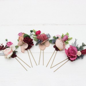  Set of 5 hair pins in  dusty rose burgundy blue color scheme. Hair accessories. Flower accessories for wedding.  5188