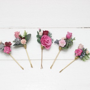  Set of 5 bobby pins in  dusty rose burgundy blue color scheme. Hair accessories. Flower accessories for wedding.  5188