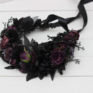 Large black purple flower crown for Halloween. dramatic hair wreath. Gothic flower crown. Dark wedding flowers. 5070