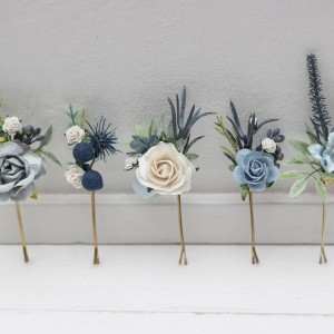  Set of  5 bobby pins in  dusty blue white  color scheme. Hair accessories. Flower accessories for wedding.  5200-0508