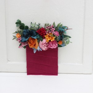Pocket boutonniere.  Jewel-tone wedding. Emerald green orange magenta teal flowers. Flower accessories. 5187