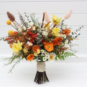 Wildflowers bouquet. Spring summer wedding flowers. Burnt orange yellow ivory bridal bouquet. Silk flowers. Chamomiles poppies bouquet. Faux bouquet. Bridesmaid bouquet. 5252