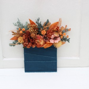 Pocket boutonniere in rust teal color scheme. Square flowers. Flower accessories. 5209
