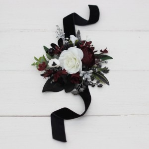  Wedding boutonnieres and wrist corsage  in burgundy black white silver color scheme. Flower accessories. 5211