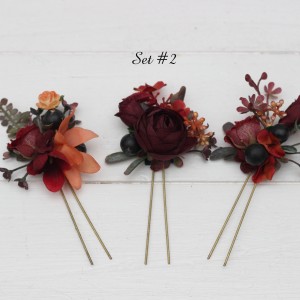  Set of  3 hair pins in  burgundy red blue color scheme. Hair accessories. Flower accessories for wedding.  5077