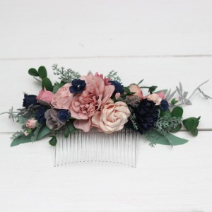 Flower comb in dusty rose navy blue color scheme. Wedding accessories for hair. Bridal flower comb. Bridesmaid floral comb. 5216
