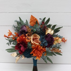 Wedding bouquets in teal rust gold plum mustard colors. Bridal bouquet. Cascading bouquet. Faux bouquet. Bridesmaid bouquet. Jewel tone theme wedding. 5222 Wedding bouquets in teal rust gold plum mustard colors. Bridal bouquet. Cascading bouquet. Faux bouquet. Bridesmaid bouquet. Jewel tone theme wedding. 5222