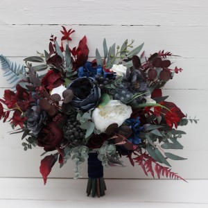 Wedding bouquets in navy blue white burgundy colors. Bridal bouquet. Cascading bouquet. Faux bouquet. Bridesmaid bouquet. 5224