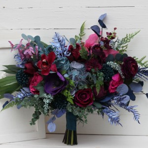 Wedding bouquets in teal, magenta, blue and purple colors. Bridal bouquet. Cascading bouquet. Faux bouquet. Bridesmaid bouquet. Jewel-tone wedding. 5225 Wedding bouquets in teal, magenta, blue and purple colors. Bridal bouquet. Cascading bouquet. Faux bouquet. Bridesmaid bouquet. Jewel-tone wedding. 5225