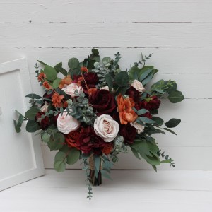 Wedding bouquets in rust blush pink and burgundy colors. Bridal bouquet. Cascading bouquet. Faux bouquet. Bridesmaid bouquet. 5226