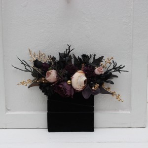Pocket boutonniere in deep purple black gold beige color scheme. Flower accessories. 5194