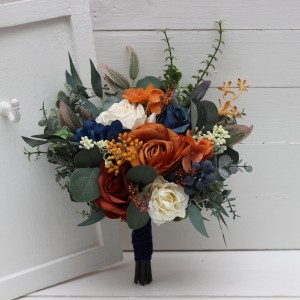 Bridesmaid bouquet. Small bridal bouquet. Burnt orange ivory navy blue bouquet. Fall wedding. Silk flowers. Boho wedding. Faux bouquet. 5029