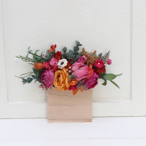 Pocket boutonniere in magenta and orange color scheme. Flower accessories. Pocket flowers. Square flowers. 5242