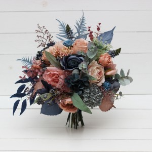 Wedding bouquets in navy blue dusty rose colors. Bridal bouquet. Cascading bouquet. Faux bouquet. Bridesmaid bouquet. 5245