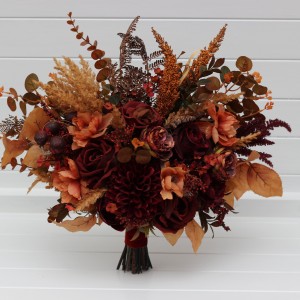 Wedding bouquets in burgundy deep red burnt orange colors. Bridal bouquet. Cascading bouquet. Faux bouquet. Bridesmaid bouquet. 5249