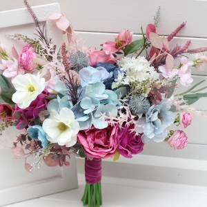 Wedding bouquets in white dusty blue and magenta colors. Wildflowers bridal bouquet. Cascading bouquet. Faux bouquet. Summer bouquet. Bridesmaid bouquet. 5254