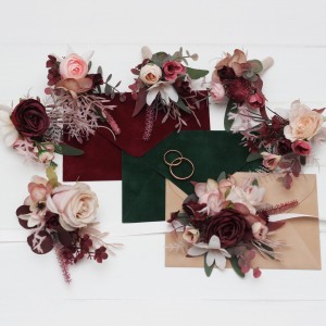  Wedding boutonnieres and wrist corsage  in burgundy dusty rose blush pink color scheme. Flower accessories. 5256