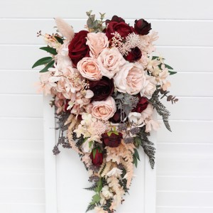 Wedding bouquets in burgundy blush pink colors. Bridal bouquet. Cascading bouquet. Faux bouquet. Bridesmaid bouquet. 5257