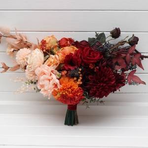 Ombre wedding bouquets in burgundy red peach orange colors. Bridal bouquet. Cascading bouquet. Faux bouquet. Bridesmaid bouquet. 5258