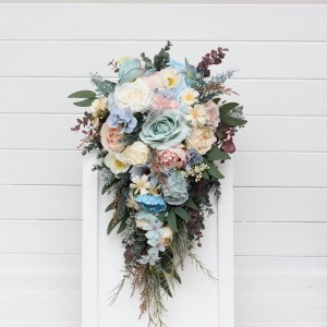Summer wedding.  Wildflowers cascading bouquet. Colorful bouquet. Dusty blue blush pink yellow bouquet. Bridal bouquet. Bridesmaid bouquet. 5259