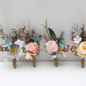  Wedding boutonnieres and wrist corsage  in dusty blue blush pink yellow color scheme. Flower accessories. Wildfllowers boutonnieres.5259