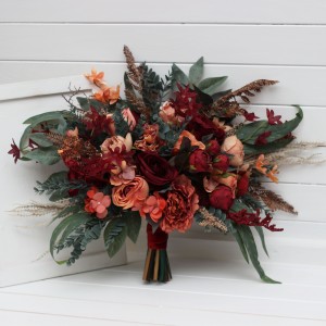 Wedding bouquets in deep red and сoral colors. Bridal bouquet. Cascading bouquet. Faux bouquet. Bridesmaid bouquet. 5268