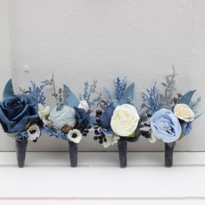 Wedding boutonnieres and wrist corsage in dusty blue white ivory gray color scheme. Flower accessories. 5263 Wedding boutonnieres and wrist corsage in dusty blue white ivory gray color scheme. Flower accessories. 5263