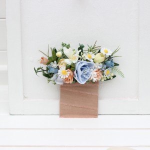 Pocket boutonniere in ivory yellow peach dusty blue color scheme. Flower accessories. Pocket flowers. Square flowers. 5247