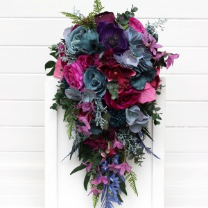 Wedding bouquets in teal, magenta, blue and purple colors. Bridal bouquet. Cascading bouquet. Faux bouquet. Bridesmaid bouquet. Jewel-tone wedding. 5225-c Wedding bouquets in teal, magenta, blue and purple colors. Bridal bouquet. Cascading bouquet. Faux bouquet. Bridesmaid bouquet. Jewel-tone wedding. 5225-c