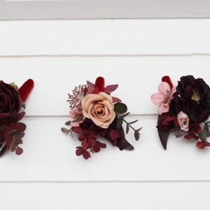  Wedding boutonnieres and wrist corsage  in burgundy dusty rose color scheme. Flower accessories. 5270