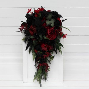 Bouquets in deep red black forest green color theme. Bridal bouquet. Faux bouquet. Bridesmaid bouquet. Gothic black wedding bouquet.5271