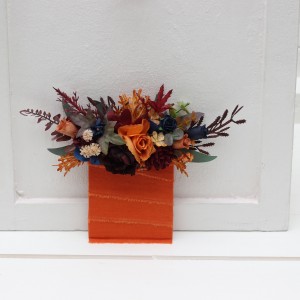 Pocket boutonniere in rust orange burgundy navy blue color scheme. Flower accessories. Pocket flowers. Square flowers. 0043