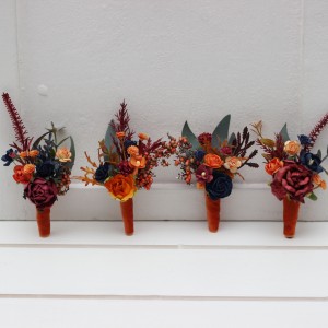  Wedding boutonnieres and wrist corsage  in orange burgundy navy blue  color scheme. Flower accessories. 0045