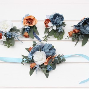  Wedding boutonnieres and wrist corsage  in white terracotta dusty blue color scheme. Flower accessories. 5227