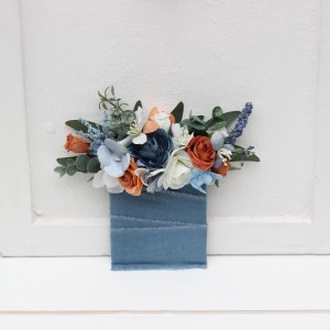 Pocket boutonniere in white terracotta dusty blue color scheme. Flower accessories. Pocket flowers. Square flowers. 5227
