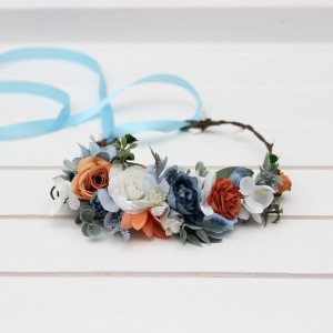 White terracotta dusty blue  flower crown. Hair wreath. Flower girl crown. Wedding flowers. 5227