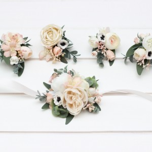  Wedding boutonnieres and wrist corsage  in  blush pink white color scheme. Flower accessories. 5199
