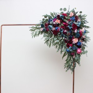  Flower arch arrangement in jewel-tone color scheme. Emerald green purple magenta teal navy blue colors.  Arbor flowers. Floral archway. Faux flowers for wedding arch. 5055