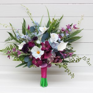 Bouquets in white blue magenta purple color theme. Exotic ridal bouquet. Faux bouquet. Bridesmaid bouquet. 5275