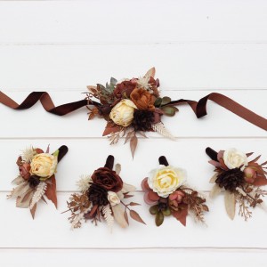  Wedding boutonnieres and wrist corsage  in terracotta brown gold cream color scheme. Flower accessories. 5105