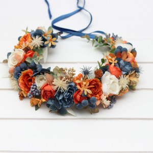 Rust navy blue ivory flower crown. Hair wreath. Flower girl crown. Wedding flowers. 5115