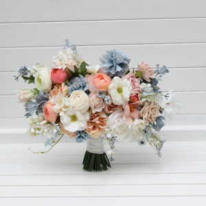 Spring summer wedding. White beige peach dusty blue flowers. Bridal bouquet .Silk flowers .Pastel wedding. Daisy bouquet. 5277
