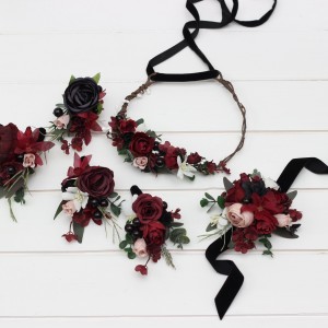  Wedding boutonnieres and wrist corsage  in burgundy black green beige ivory color scheme. Flower accessories. 5279